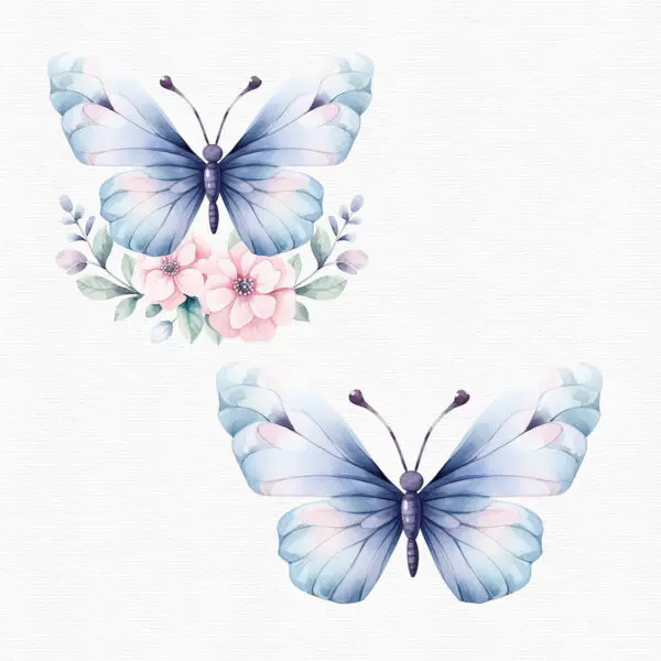 A clipart set with light blue and pink butterflies and flowers with soft colors.