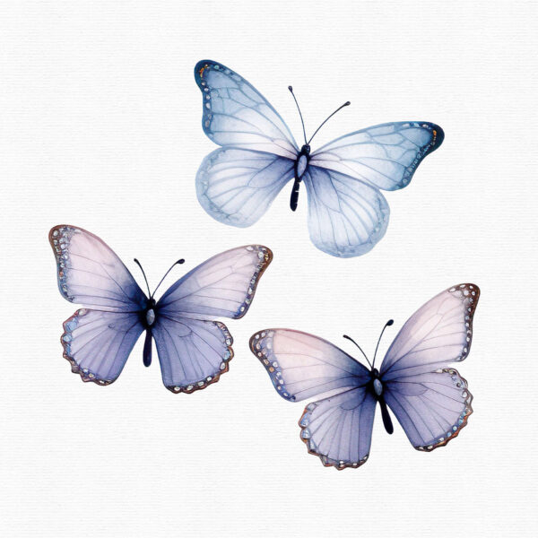 A clipart set with light blue and pink butterflies and flowers with soft colors.