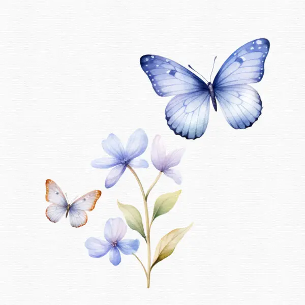 A clipart set with light blue and pink butterflies and flowers with soft colors.