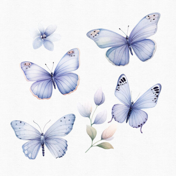 A clipart set with light blue and pink butterflies and flowers with soft colors.