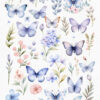 A clipart set with light blue and pink butterflies and flowers with soft colors.