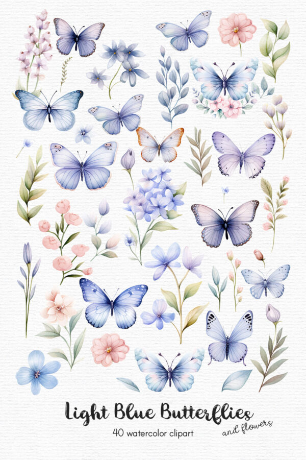 A clipart set with light blue and pink butterflies and flowers with soft colors.