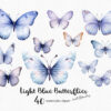 A clipart set with light blue and pink butterflies and flowers with soft colors.