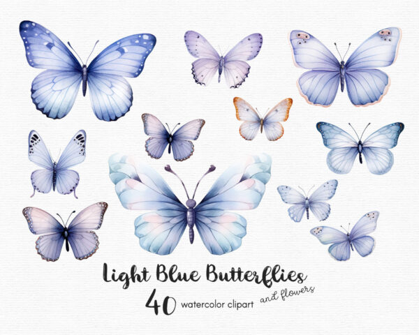 A clipart set with light blue and pink butterflies and flowers with soft colors.