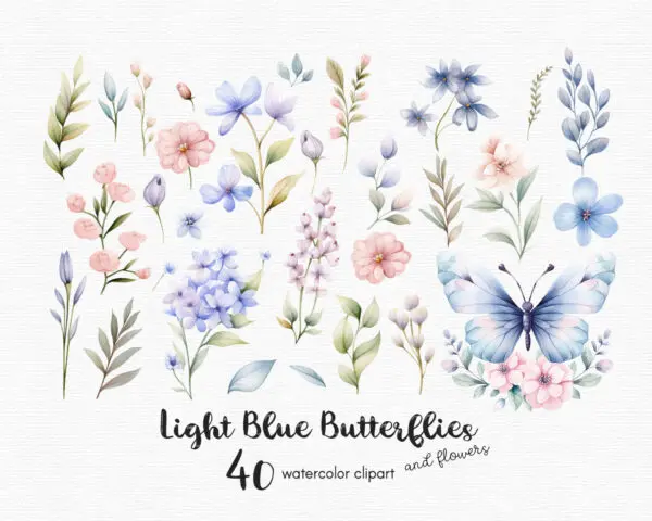 A clipart set with light blue and pink butterflies and flowers with soft colors.