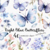 A clipart set with light blue and pink butterflies and flowers with soft colors.