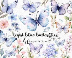 A clipart set with light blue and pink butterflies and flowers with soft colors.