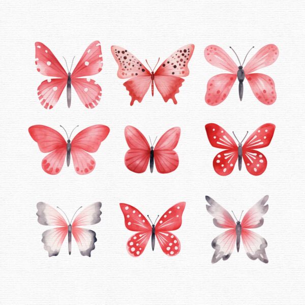 Part of a clipart set that includes 35 red butterflies in a flat style.