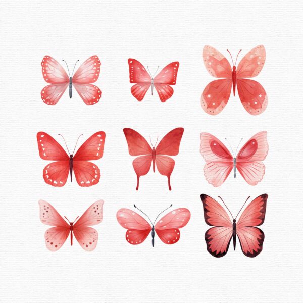 Part of a clipart set that includes 35 red butterflies in a flat style.