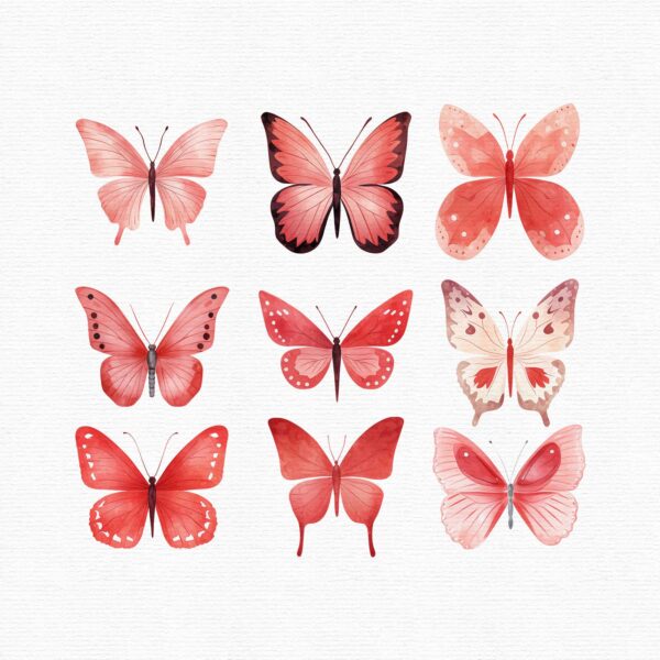 Part of a clipart set that includes 35 red butterflies in a flat style.