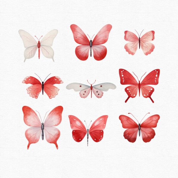 Part of a clipart set that includes 35 red butterflies in a flat style.