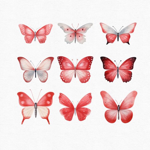 Part of a clipart set that includes 35 red butterflies in a flat style.