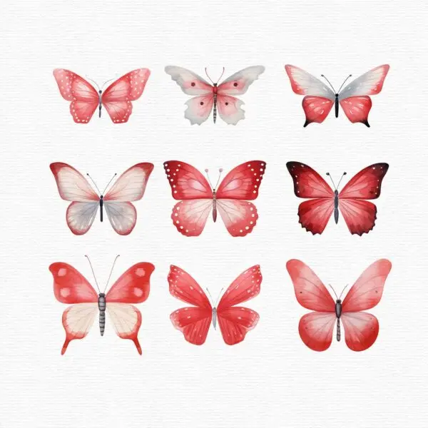 Part of a clipart set that includes 35 red butterflies in a flat style.
