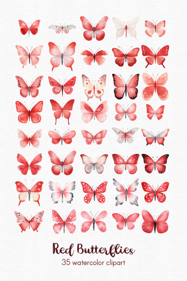 A clipart set that includes 35 red butterflies in a flat style.