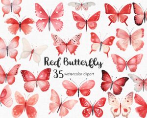 A clipart set that includes 35 red butterflies in a flat style.