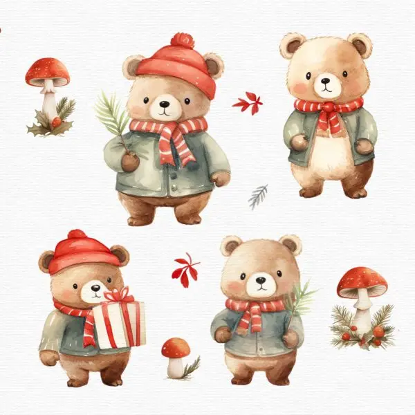 a set of cute watercolor teddy bears with cosy jackets and woodland decorations