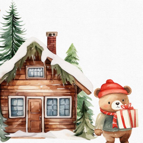 A cute teddy bear near a mountain wooden cabin