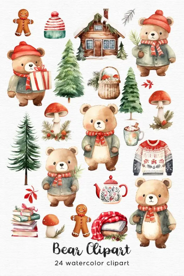 a clipart set with cute watercolor teddy bears with cosy jackets and woodland decorations