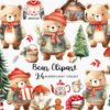 a clipart set with cute watercolor teddy bears with cosy jackets and woodland decorations