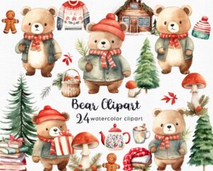 a clipart set with cute watercolor teddy bears with cosy jackets and woodland decorations