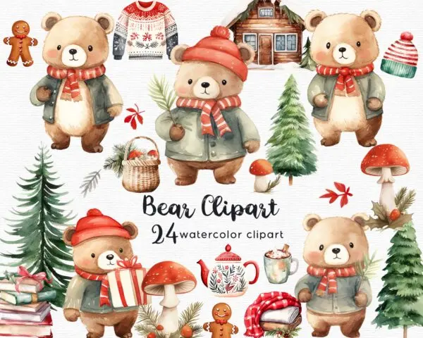 a clipart set with cute watercolor teddy bears with cosy jackets and woodland decorations