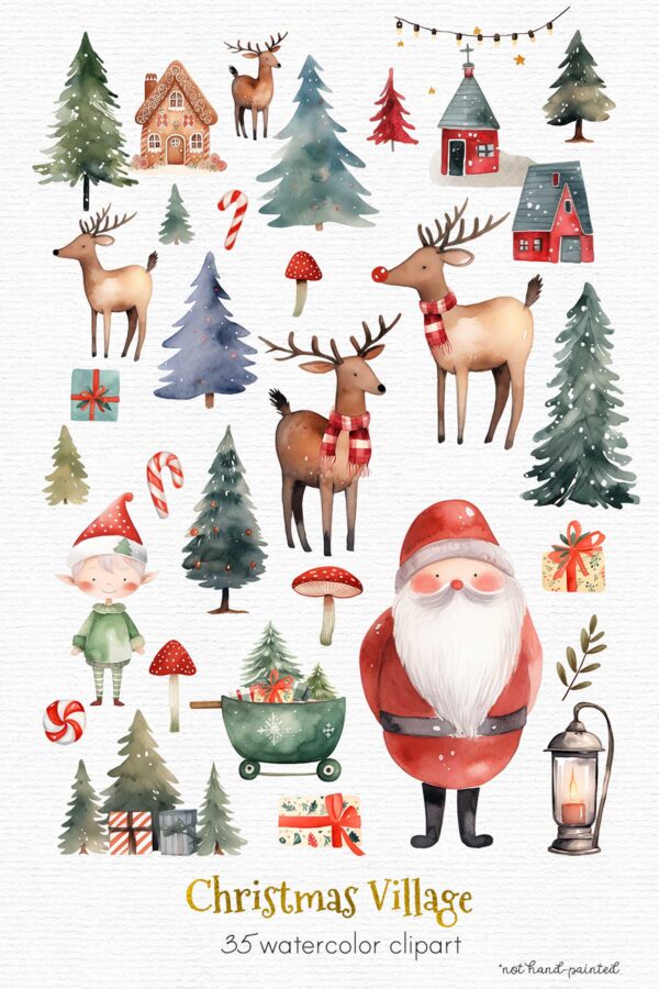 Watercolor Christmas Village clipart - Image 3