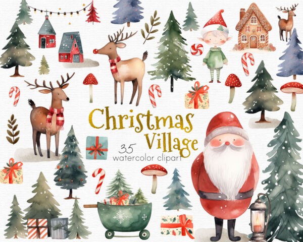 Watercolor Christmas Village clipart