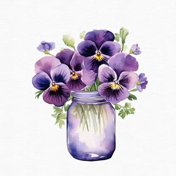 a glass jar with beautiful watercolor style pansies