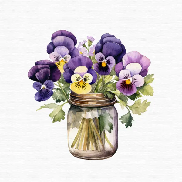 a glass jar with beautiful watercolor style pansies, this image is part of a clipart set