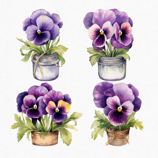 Watercolor pansy flowers clipart - Image 8