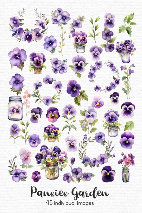 Watercolor pansy flowers clipart - Image 3