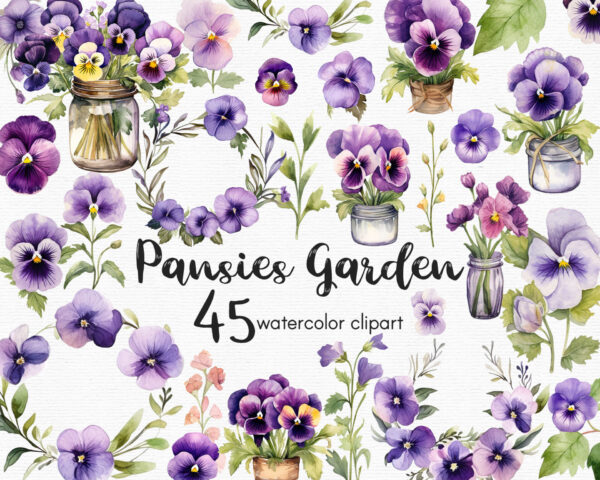 Watercolor pansy flowers clipart