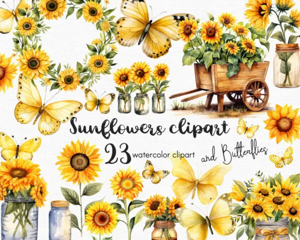 Sunflowers and Butterflies Clipart – Floral PNG Set