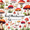 a clipart set with 40 red mushrooms in watercolor style