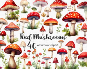 a clipart set with 40 red mushrooms in watercolor style