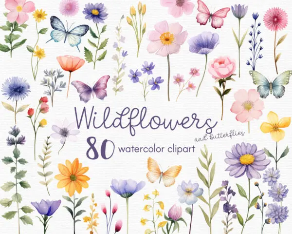 Wildflowers and butterfly clipart PNG