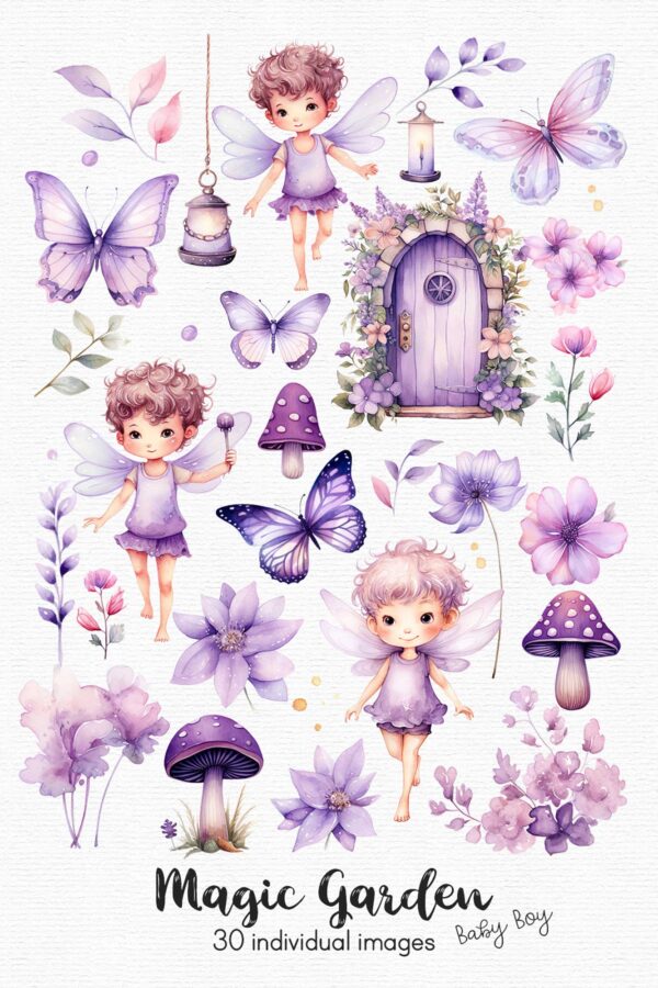 Boy Fairy Purple Garden Clipart - Image 3