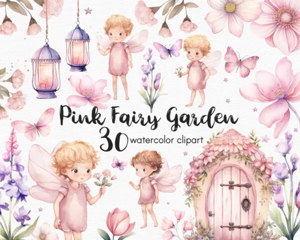 Pink Fairy Garden Clipart, Boy Fairy Garden
