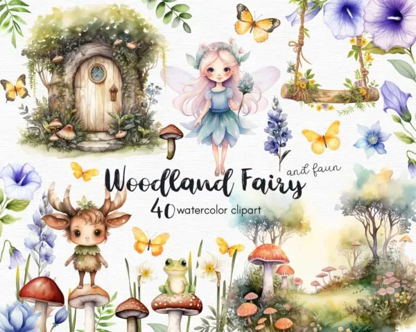 Fantasy forest fairy and faun clipart set