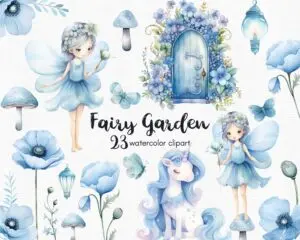 Unicorn and Fairy in a winter Fairy Garden Clipart set