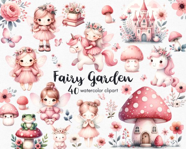 Fairy Garden clipart, set of 40 png graphics with transparent background.