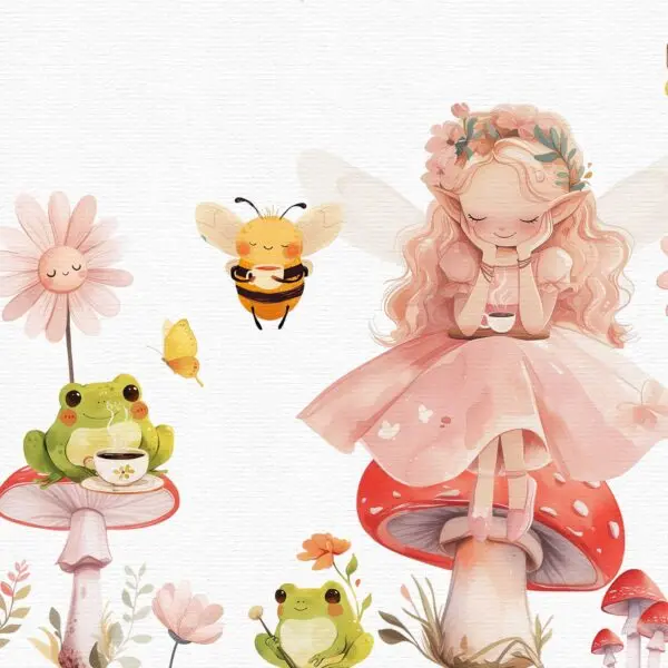 Cute tea party illustration set in pink fantasy style