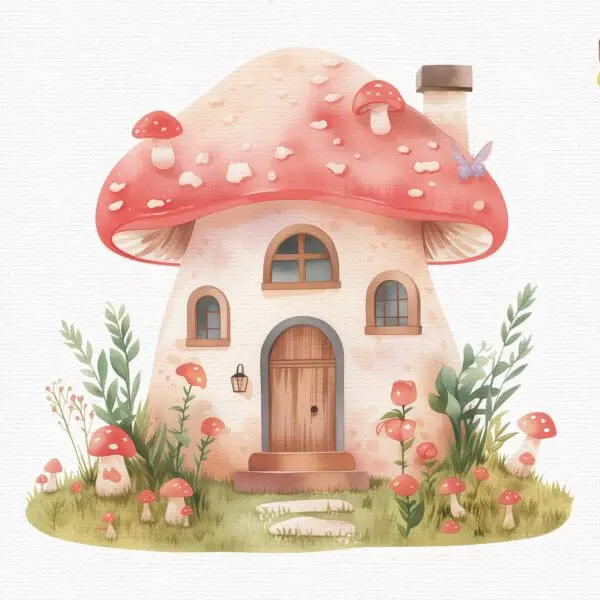 a mushroom fairy house illustration that is part of a clipart set