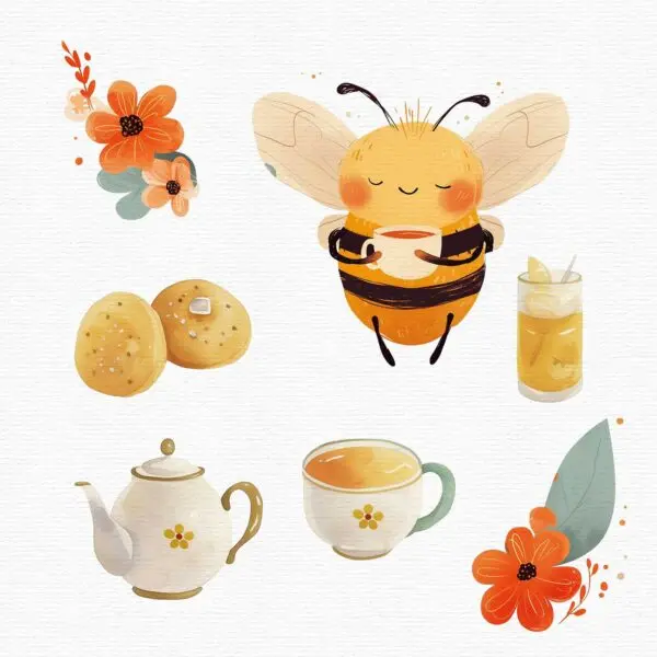 ai illustration of a cute bee taking a sip of tea, this illustration is part of an ai clipart set