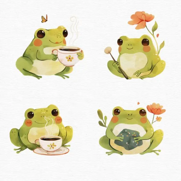 ai illustration of cute frogs taking a sip of tea
