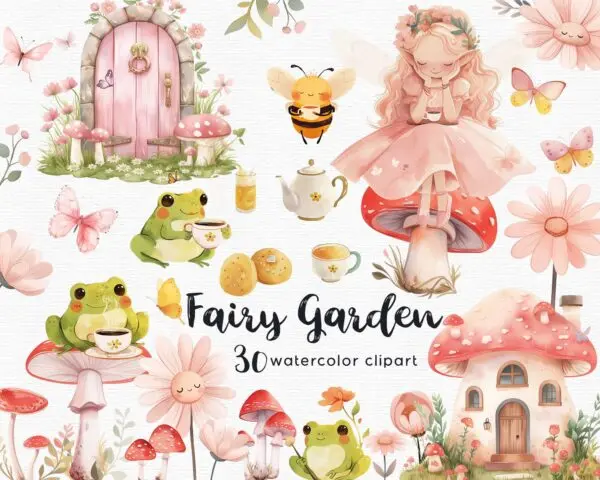 Pink fairy garden teacup clipart set with flowers and woodland friends