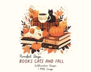 a png image with books cats and fall elements for sublimation design