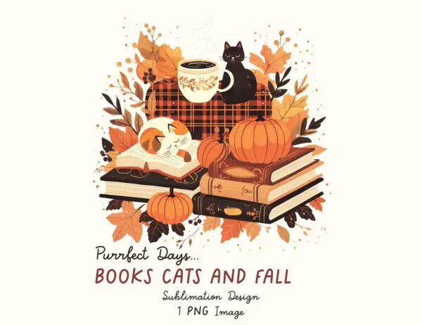 a png image with books cats and fall elements for sublimation design