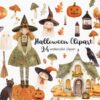 cute halloween graphics, part of a clipart set, it includes a witch house, a cat, pumpkins, a witch and other halloween elements.