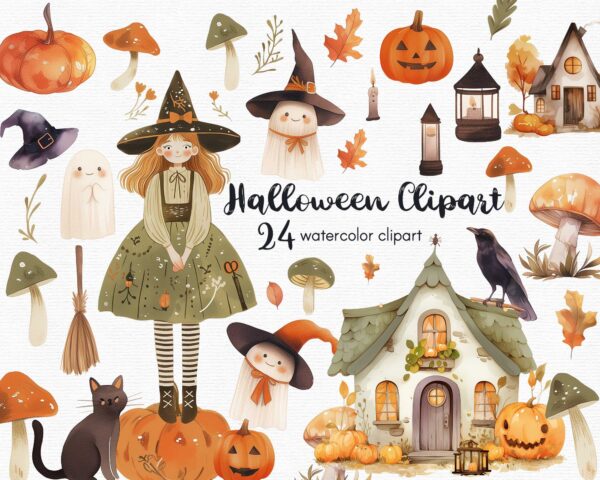 cute halloween graphics, part of a clipart set, it includes a witch house, a cat, pumpkins, a witch and other halloween elements.